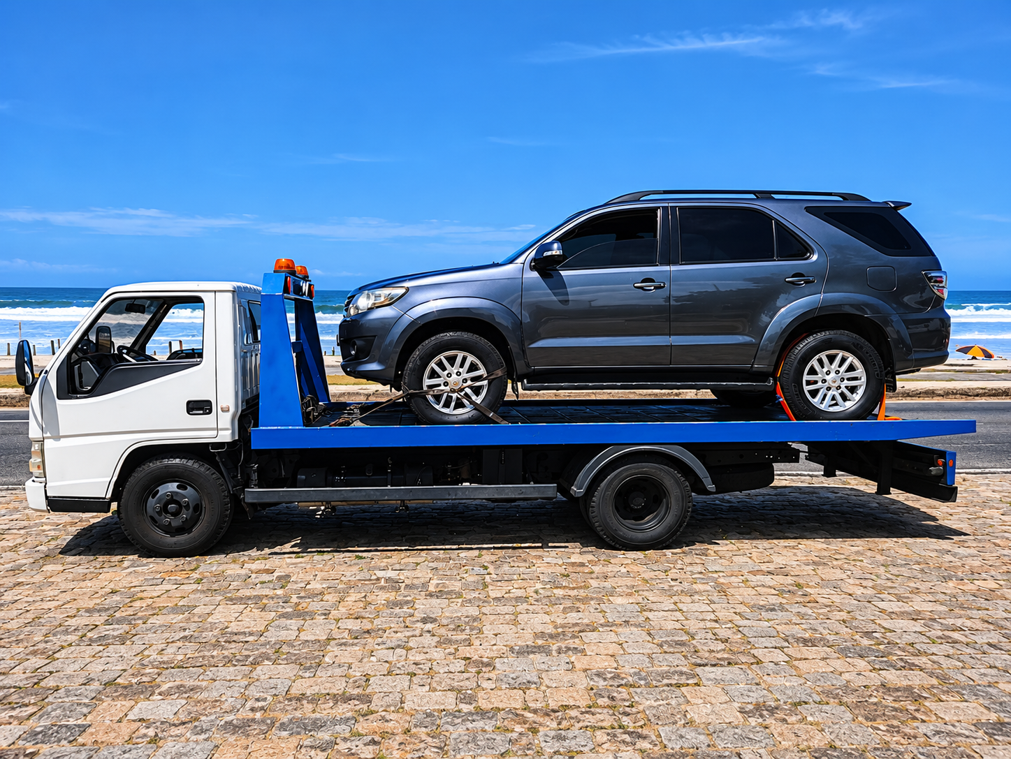 SUV preto transportado em caminhão guincho na orla